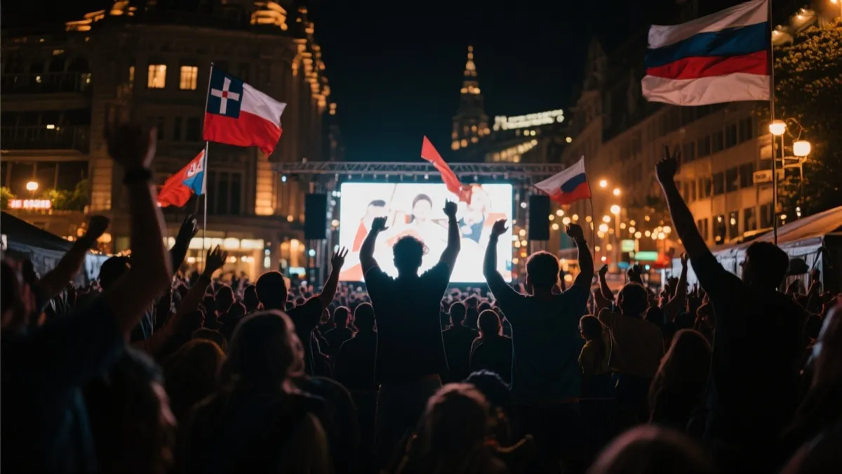 球迷在城市公共观赛区观看比赛的夜景氛围，灯光与人群形成沉浸式体验