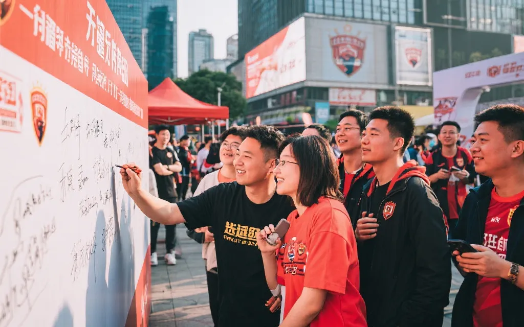球迷共创线下活动：人们在城市广场留言板前合影与书写远征故事，温暖纪实风